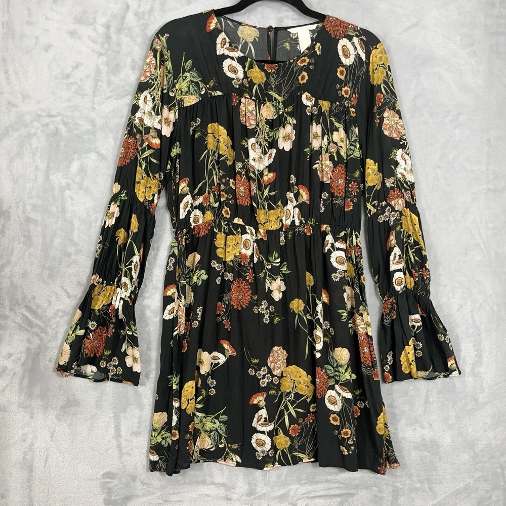 H&M Midi Dress 8 Long Bell Sleeve Black Floral Boho Modest Cottagecore Prairie